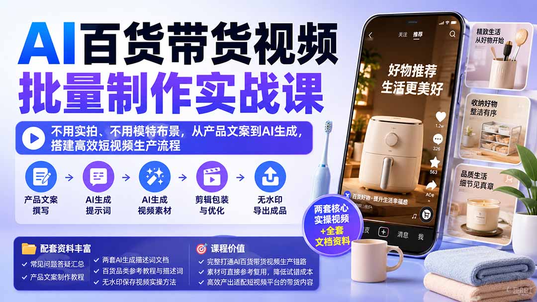 AI百货带货视频批量制作实战课：不用实拍、不用模特布景，从产品文案到AI生成，搭建高效短视频生产流程-程拾网络