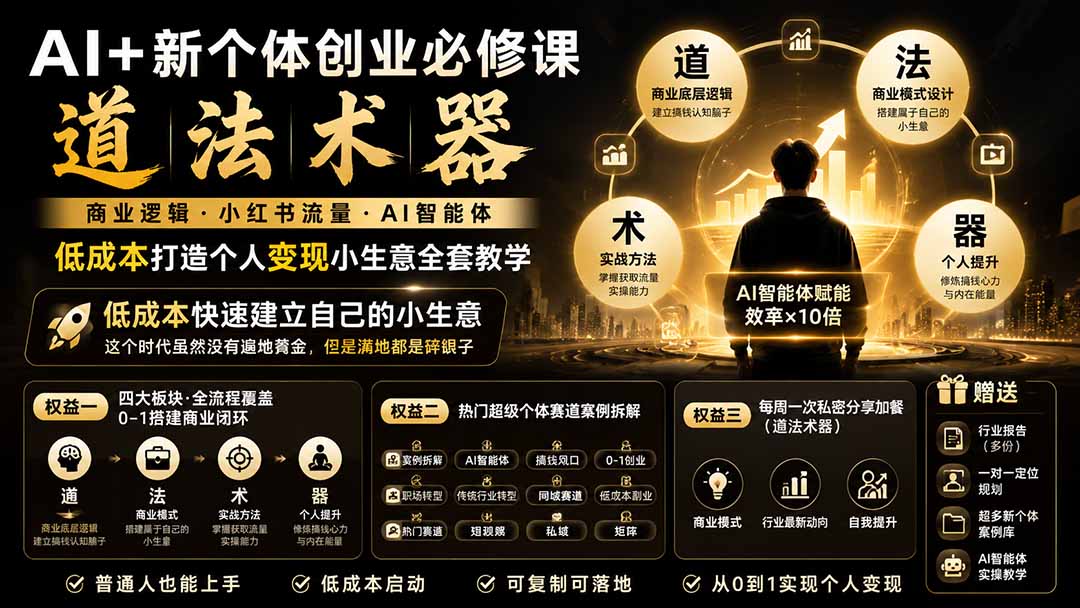 AI+新个体创业必修课｜道法术器｜商业逻辑·小红书流量·AI智能体｜低成本打造个人变现小生意全套教学-程拾网络