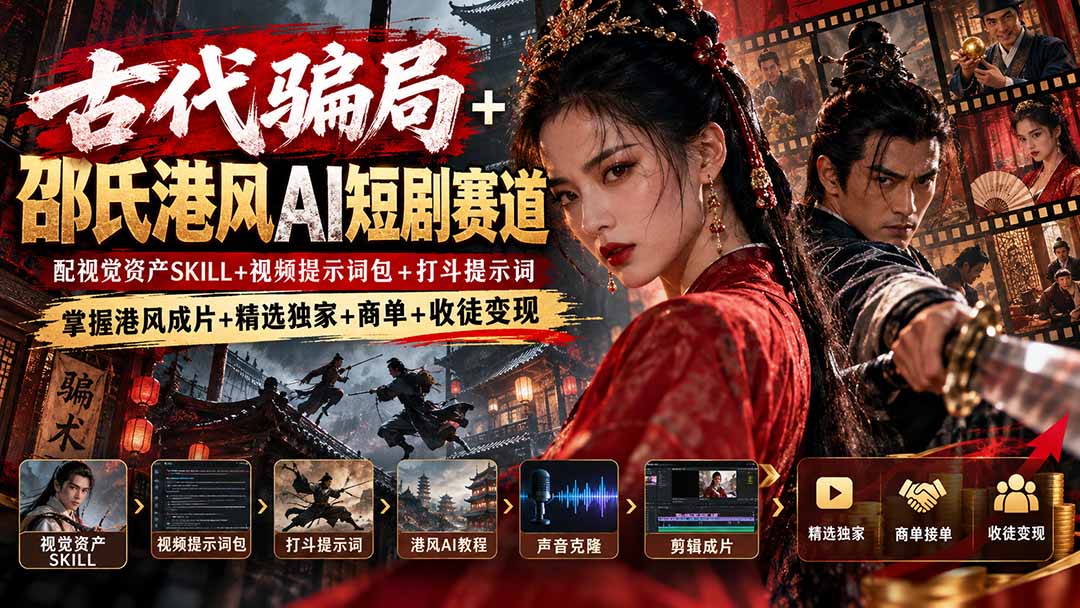 古代骗局+邵氏港风AI短剧赛道：配视觉资产SKILL+视频提示词包+打斗提示词，掌握港风成片+精选独家+商单+收徒变现-程拾网络