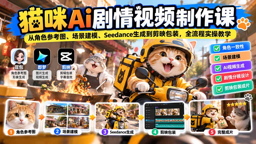 猫咪AI剧情视频制作课：从角色参考图、场景建模、Seedance生成到剪映包装，全流程实操教学-程拾网络