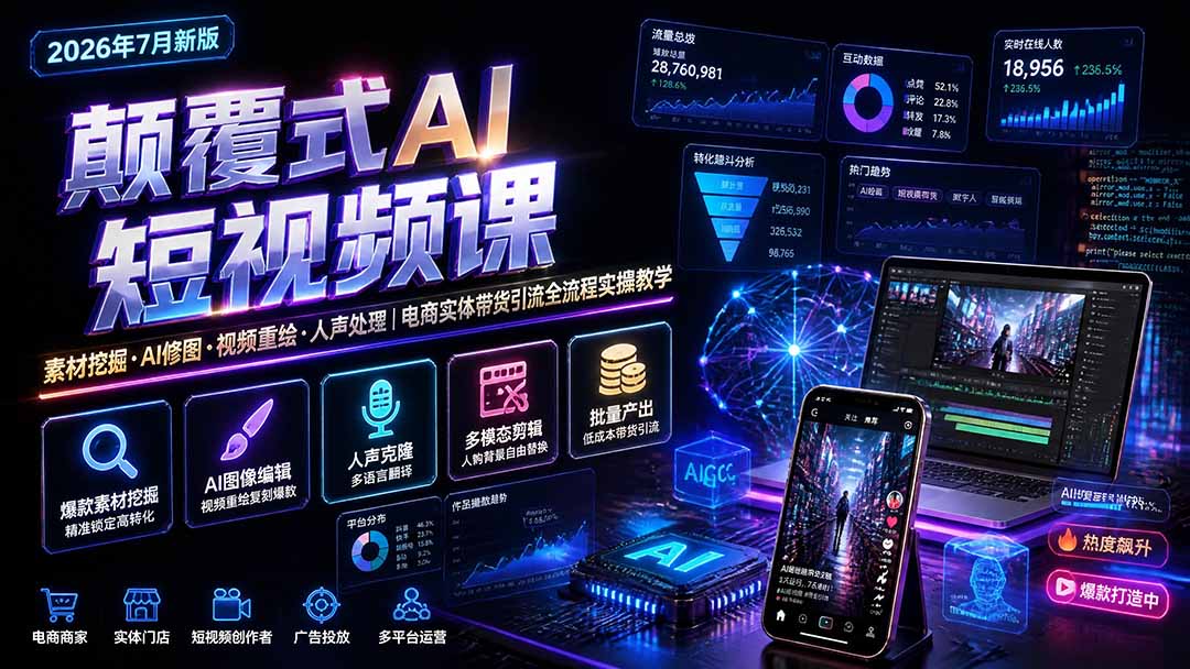 颠覆式AI短视频课｜素材挖掘，AI修图，视频重绘，人声处理｜电商实体带货引流全流程实操教学-程拾网络
