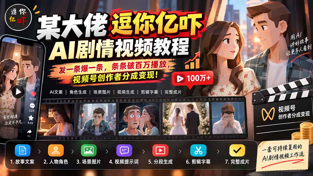某大佬逗你亿吓AI低模剧情视频制作教程：发一条爆一条，条条破百万播放，利用视频号创作者分成变现!-程拾网络