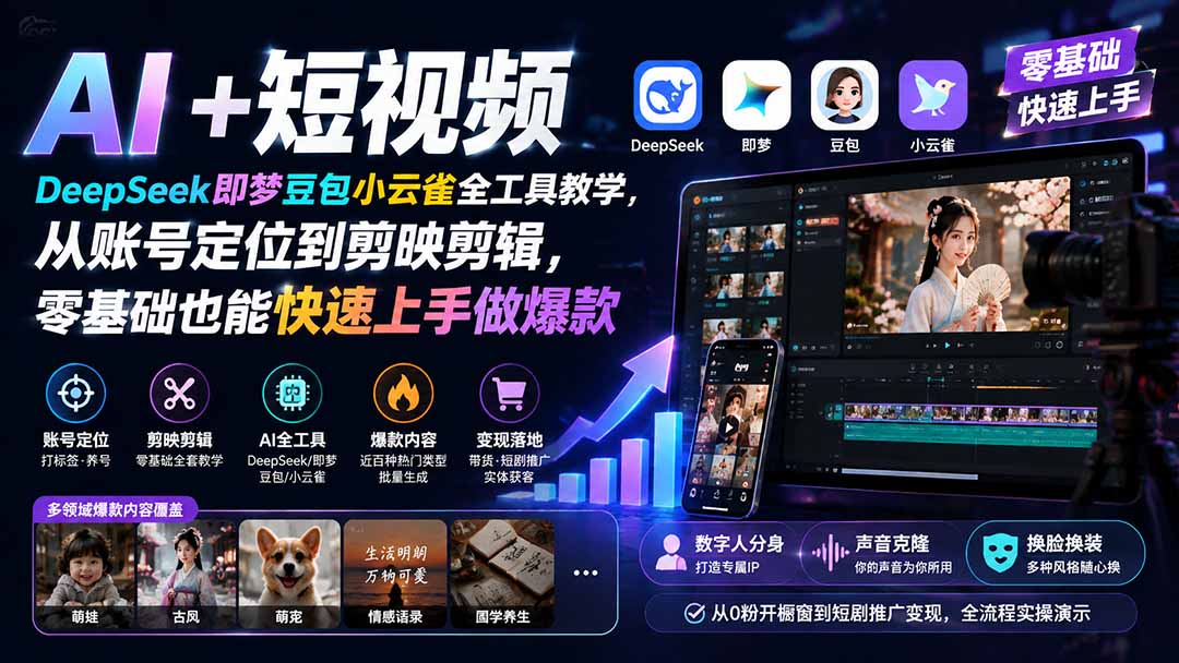 AI+短视频｜DeepSeek即梦豆包小云雀全工具教学，从账号定位到剪映剪辑，零基础也能快速上手做爆款-程拾网络