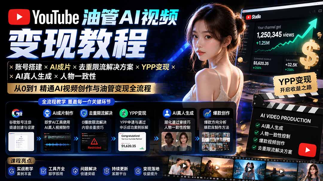 YouTube油管AI视频变现教程-更新:账号搭建×AI成片×去重限流解决方案×YPP变现×AI真人生成×人物一致性-程拾网络