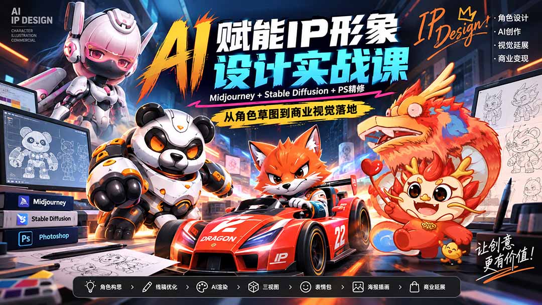 AI赋能IP形象设计实战课-无水印:Midjourney+Stable Diffusion+PS精修,从角色草图到商业视觉落地-程拾网络