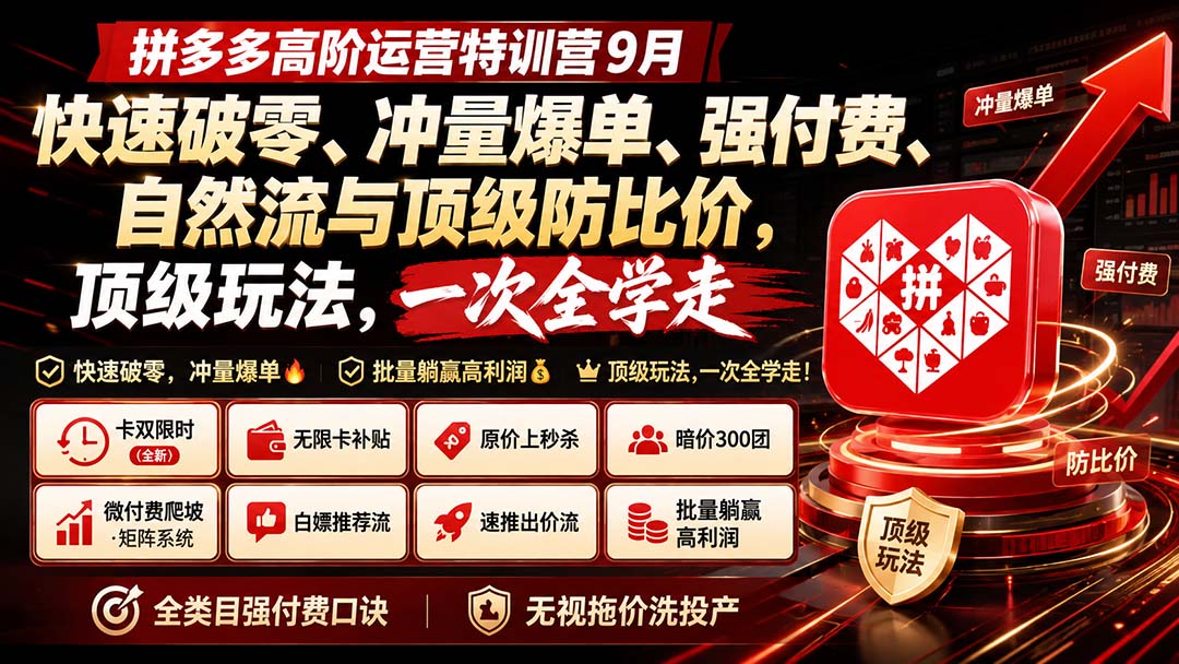 拼多多高阶运营特训营9月：快速破零、冲量爆单、强付费、自然流与顶级防比价， 顶级玩法，一次全学走-程拾网络