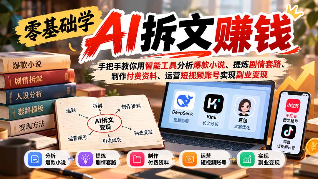 零基础学AI拆文赚钱：手把手教你用智能工具分析爆款小说、提炼剧情套路、制作付费资料、运营短视频账号实现副业变现-程拾网络