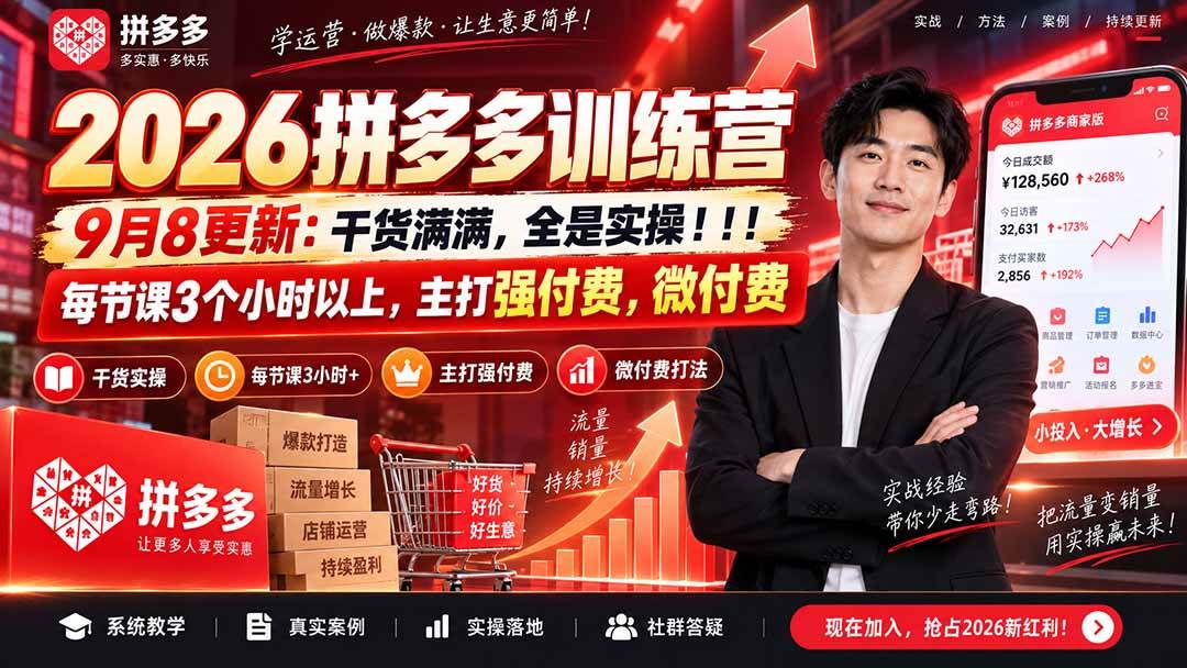 （20338期）2026拼多多训练营9月8更新：干货满满，全是实操！！！每节课3个小时以上，主打强付费，微付费-程拾网络