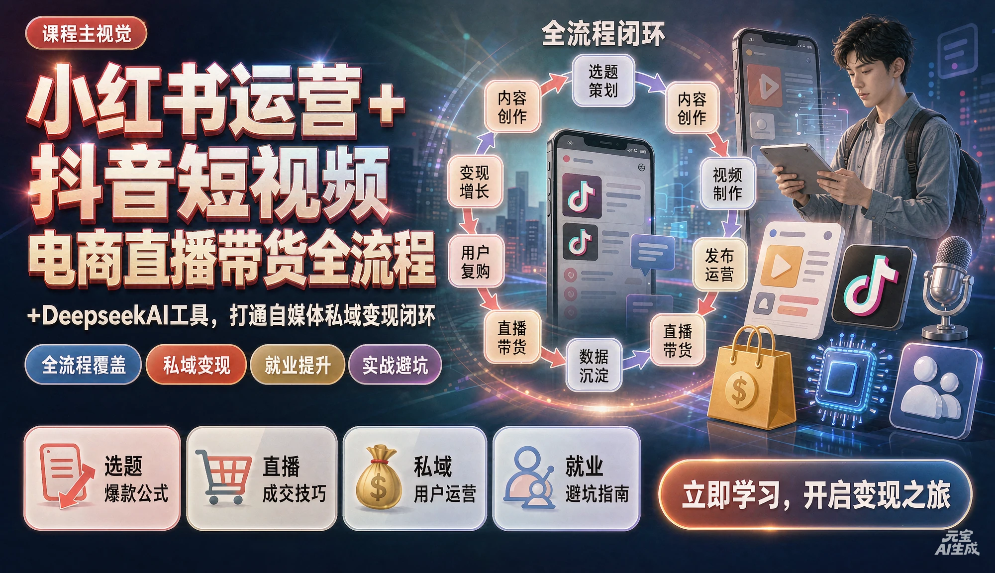 【精】小红书运营抖音短视频电商直播带货全流程+DeepseekAI工具，打通自媒体私域变现闭环，教你就业避坑少走弯路。-程拾网络