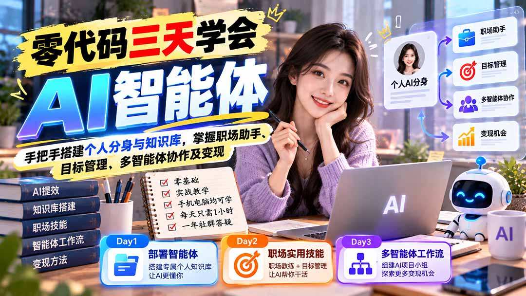 【无水印】零代码三天学会AI智能体：手把手搭建个人分身与知识库，掌握职场助手、目标管理、多智能体协作及变现-程拾网络
