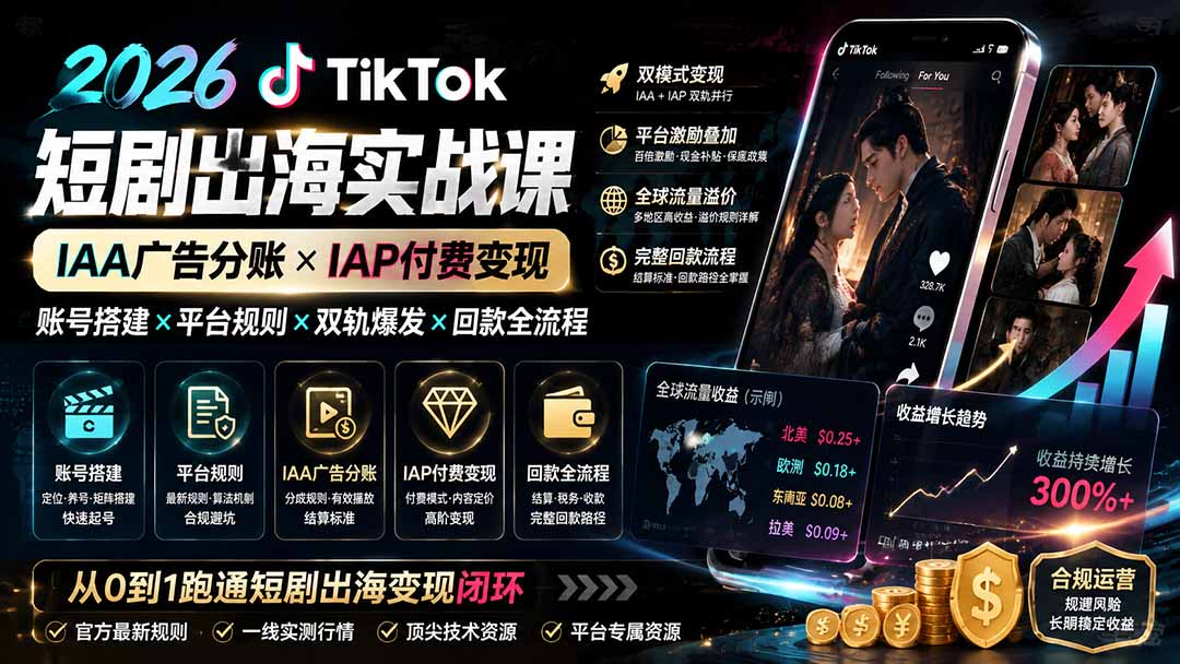 2026TikTok短剧出海实战课：IAA广告分账×IAP付费变现×账号搭建×平台规则×双轨爆发×回款全流程-程拾网络
