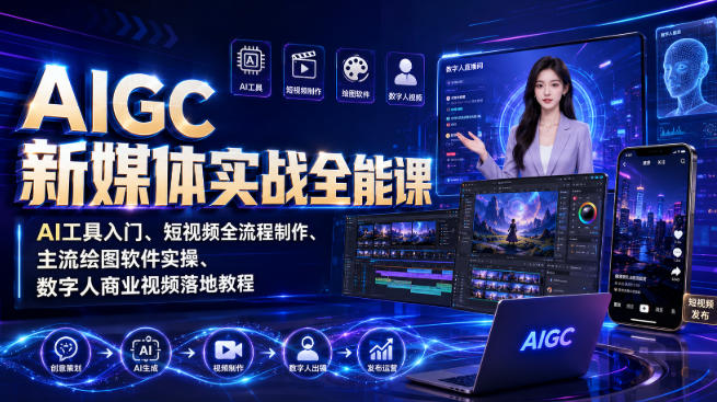 【精】AIGC新媒体实战全能课|AI工具入门、短视频全流程制作、主流绘图软件实操、数字人商业视频落地教程-程拾网络