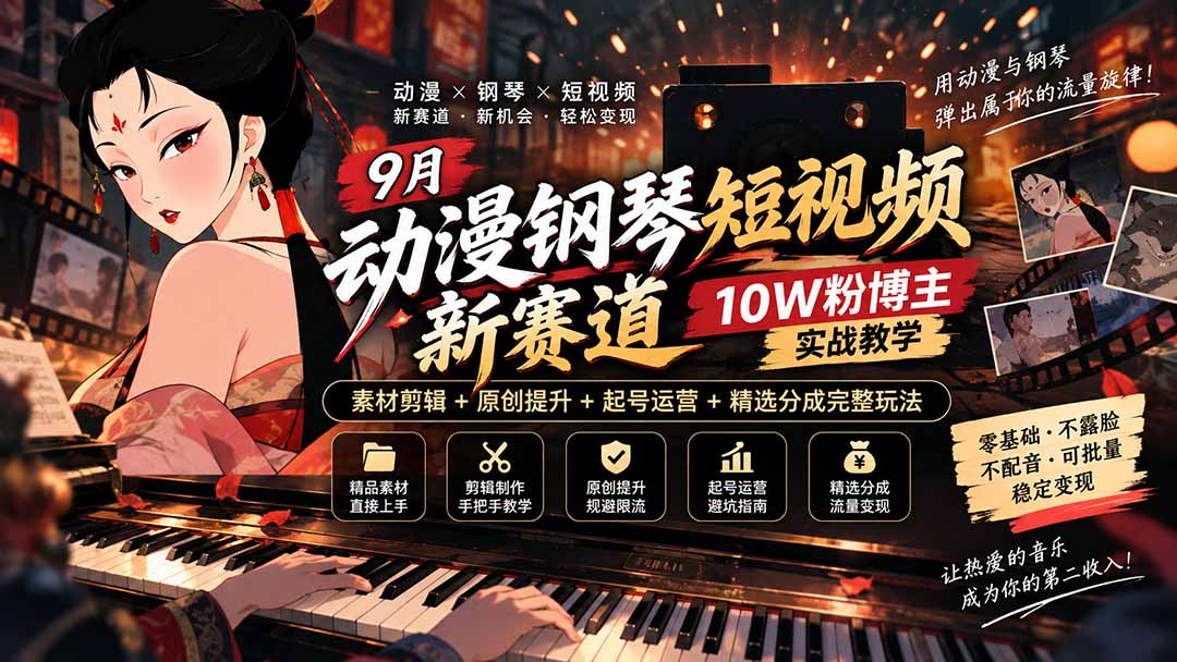 9月动漫钢琴短视频新赛道｜10W粉博主实战教学，素材剪辑+原创提升+起号运营+精选分成完整玩法-程拾网络