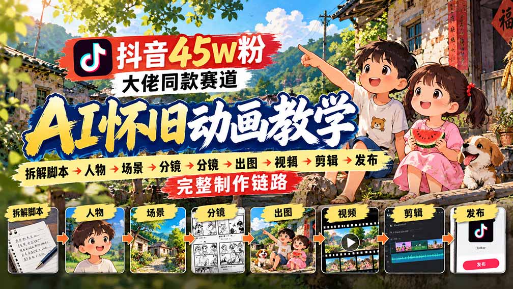 抖音45W粉大佬同款赛道AI怀旧动画教学:拆解脚本→人物→场景→分镜→出图→视频→剪辑→发布完整制作链路-程拾网络