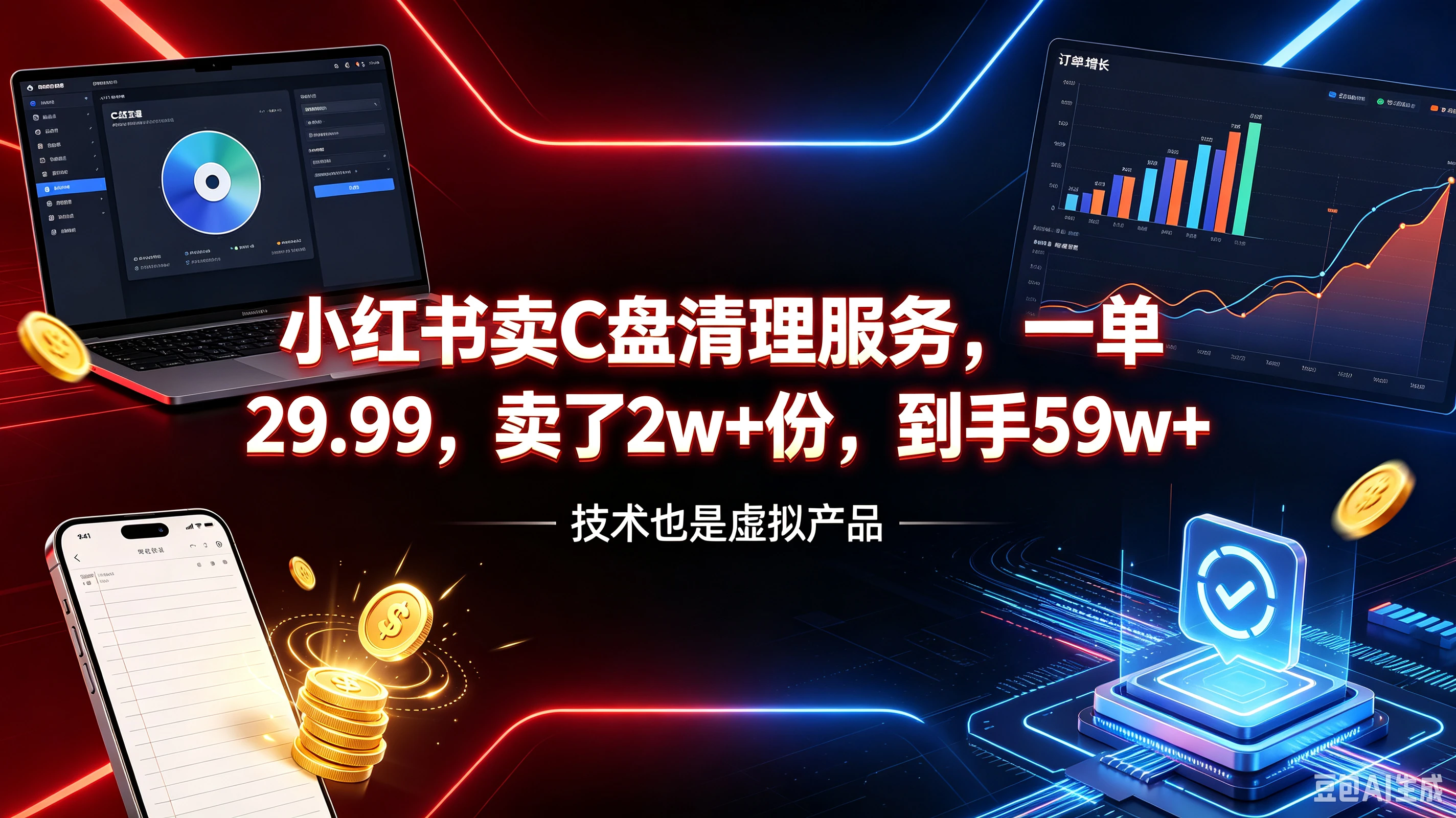 【精】小红书卖C盘清理服务，一单29.99，卖了2w+份，到手59w+，技术也是虚拟产品-程拾网络