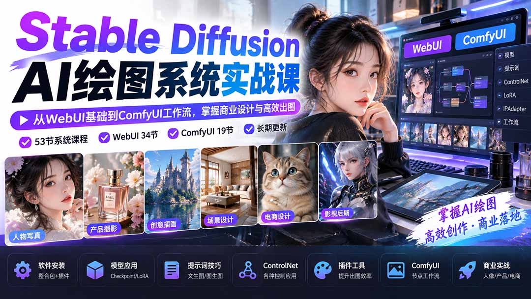 【无水印】Stable Diffusion AI绘图系统实战课:从WebUI基础到ComfyUI工作流,掌握商业设计与高效出图-程拾网络