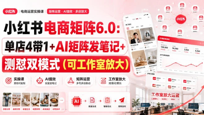 【精】小红书电商矩阵6.0：单店4带1+AI矩阵发笔记+测怼双模式（可工作室放大）-程拾网络
