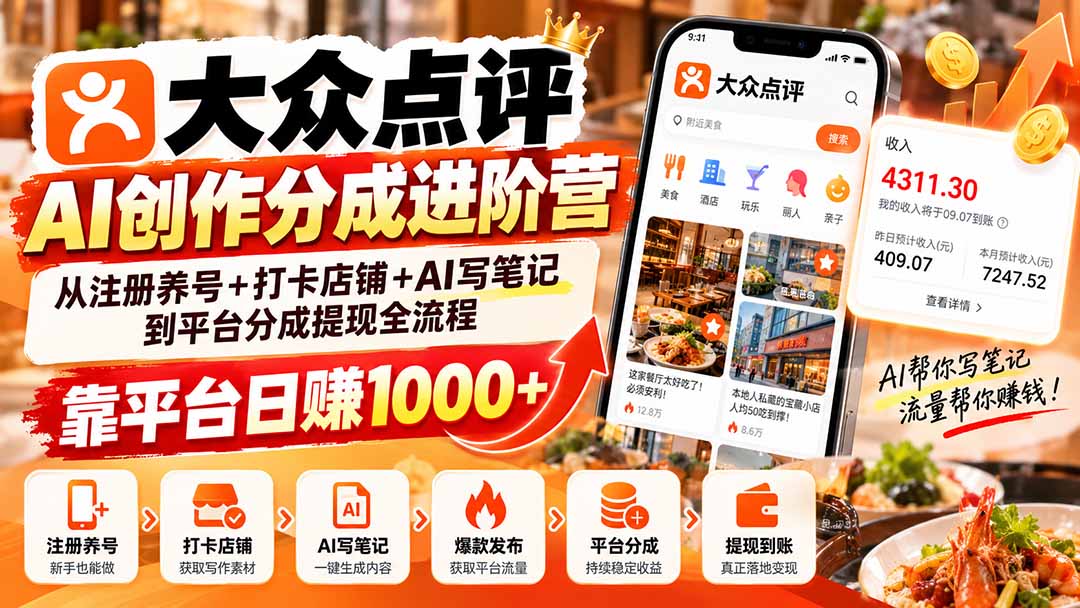 大众点评AI创作分成进阶营:从注册养号+打卡店铺+AI写笔记到平台分成提现全流程,靠平台日赚1000+-程拾网络