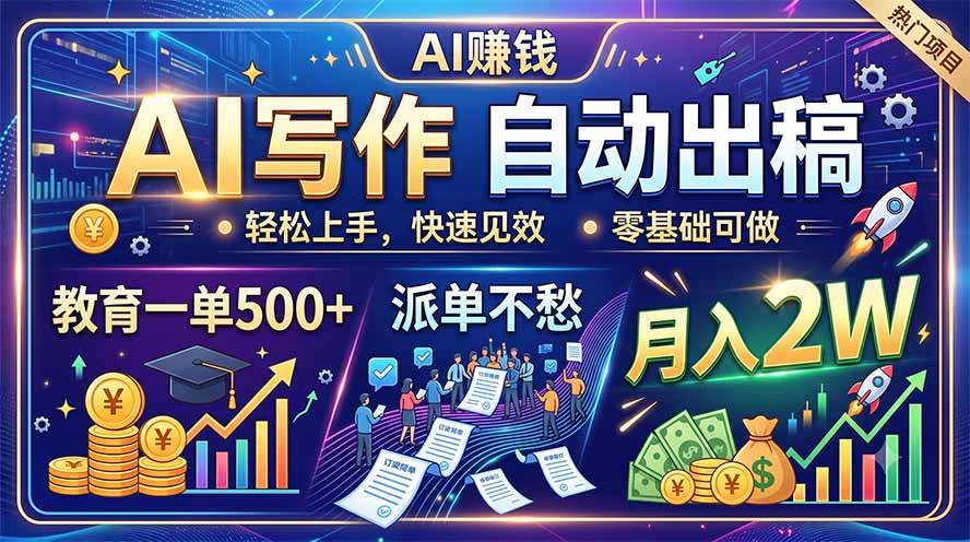 （19614期）AI写作自动出稿，教育一单500+，派单不愁，月入2W-程拾网络