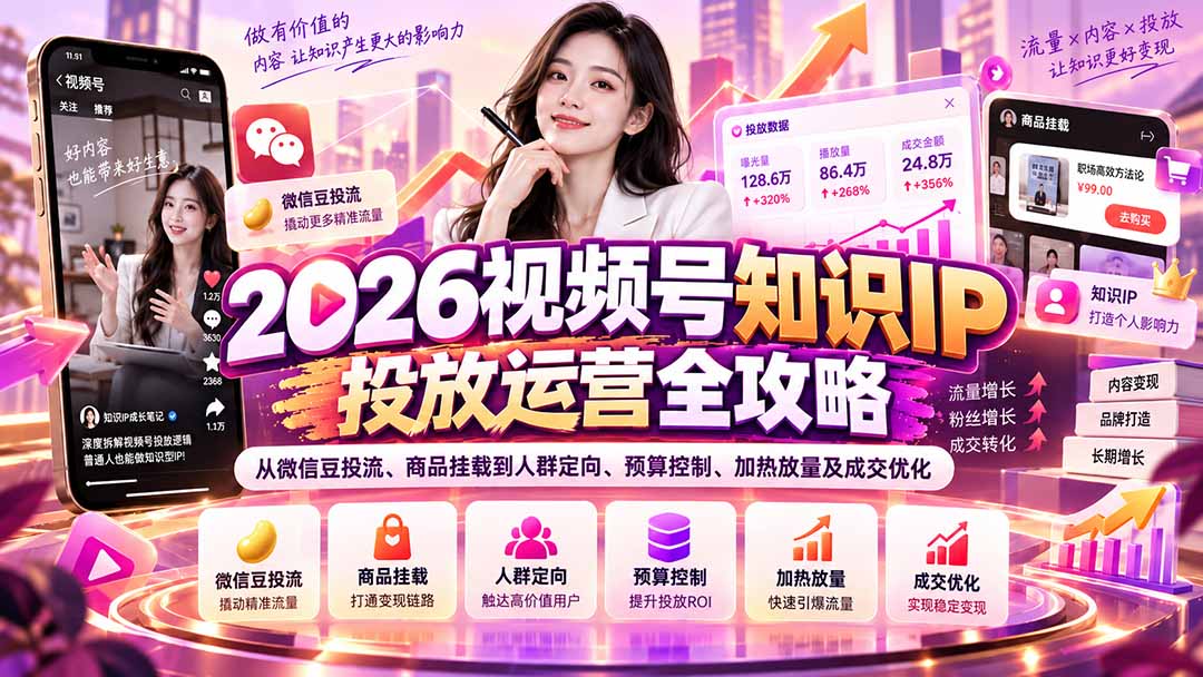 2026视频号知识IP投放运营全攻略:从微信豆投流、商品挂载到人群定向、预算控制、加热放量及成交优化-程拾网络