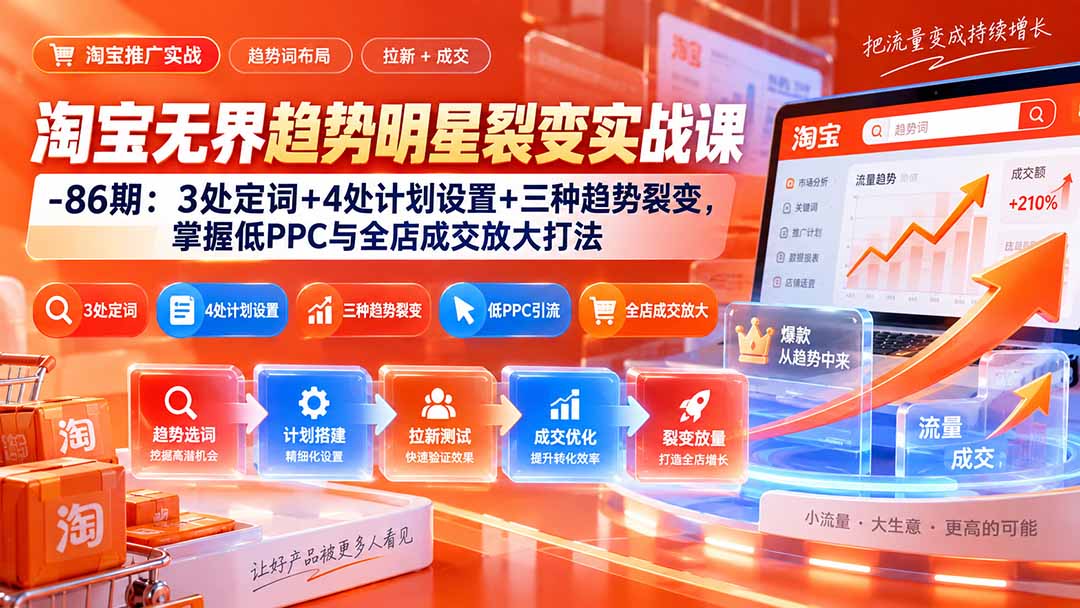 淘宝无界趋势明星裂变实战课-86期：3处定词+4处计划设置+三种趋势裂变，掌握低PPC与全店成交放大打法-程拾网络