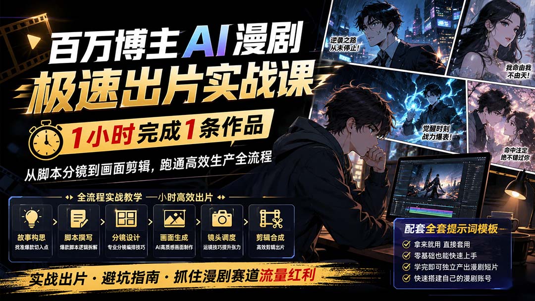 百万博主AI漫剧极速出片实战课：1小时产出条作品，从脚本分镜到画面剪辑，跑通高效生产全流程-程拾网络
