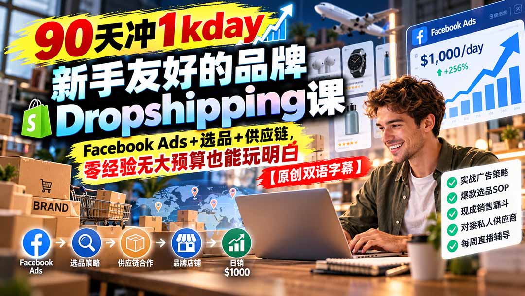 90天冲1kday 新手友好的品牌Dropshipping课：Facebook Ads+选品+供应链，零经验无大预算也能玩明白【原创双语字幕】-程拾网络