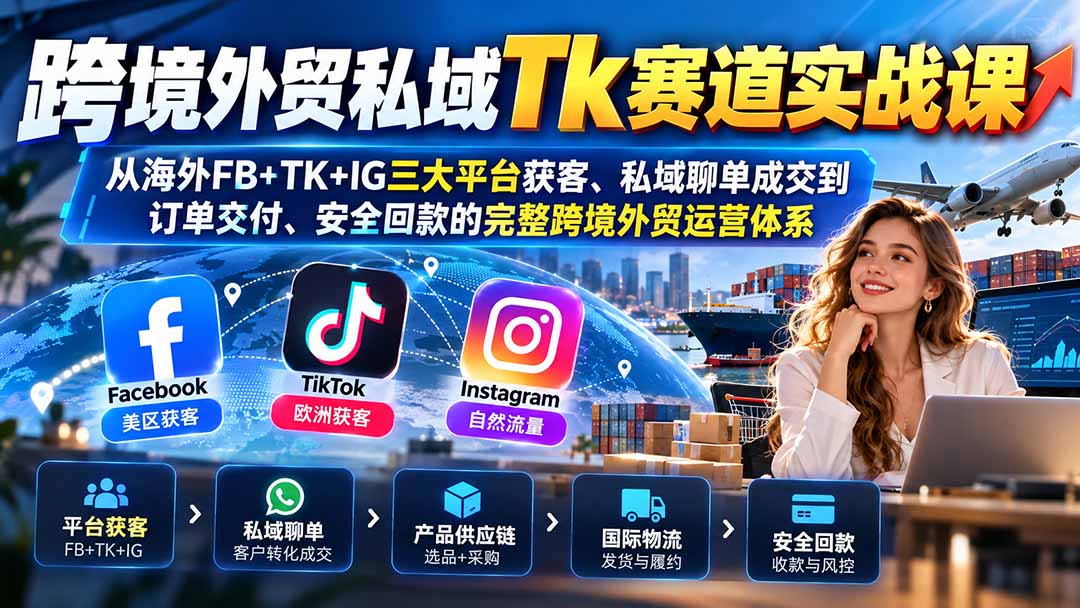 跨境外贸私域Tk赛道实战课：从海外FB+TK+IG三大平台获客、私域聊单成交到订单交付、安全回款的完整跨境外贸运营体系-程拾网络