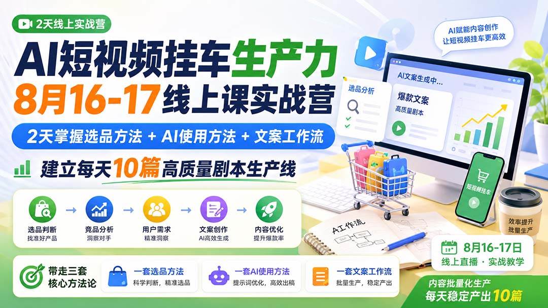 （20174期）AI短视频挂车生产力8月16-17线上课实战营：2天掌握选品方法+AI使用方法+文案工作流，建立每天10篇高质量剧本生产线-程拾网络