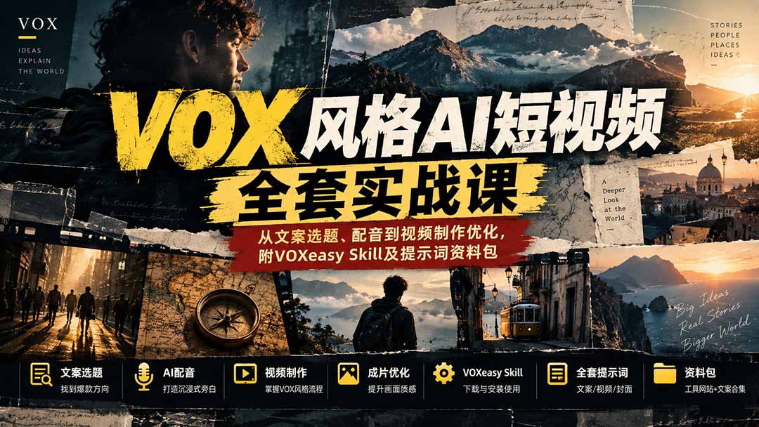 【无水印】VOX风格AI短视频全套实战课:从文案选题、配音到视频制作优化,附VOXeasy Skill及提示词资料包-程拾网络