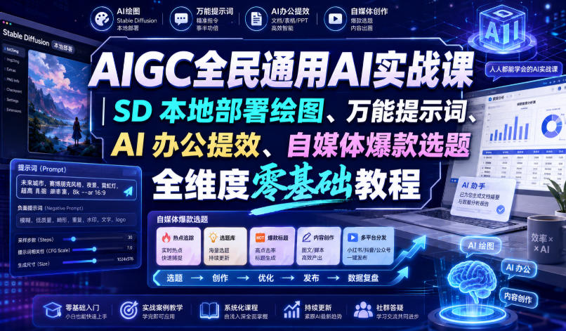 【精】AIGC全民通用AI实战课｜SD本地部署绘图、万能提示词、AI办公提效、自媒体爆款选题全维度零基础教程-程拾网络