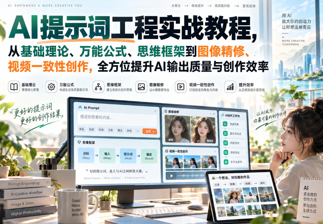 【精】AI提示词工程实战教程，从基础理论、万能公式、思维框架到图像精修、视频一致性创作，全方位提升AI输出质量与创作效率-程拾网络
