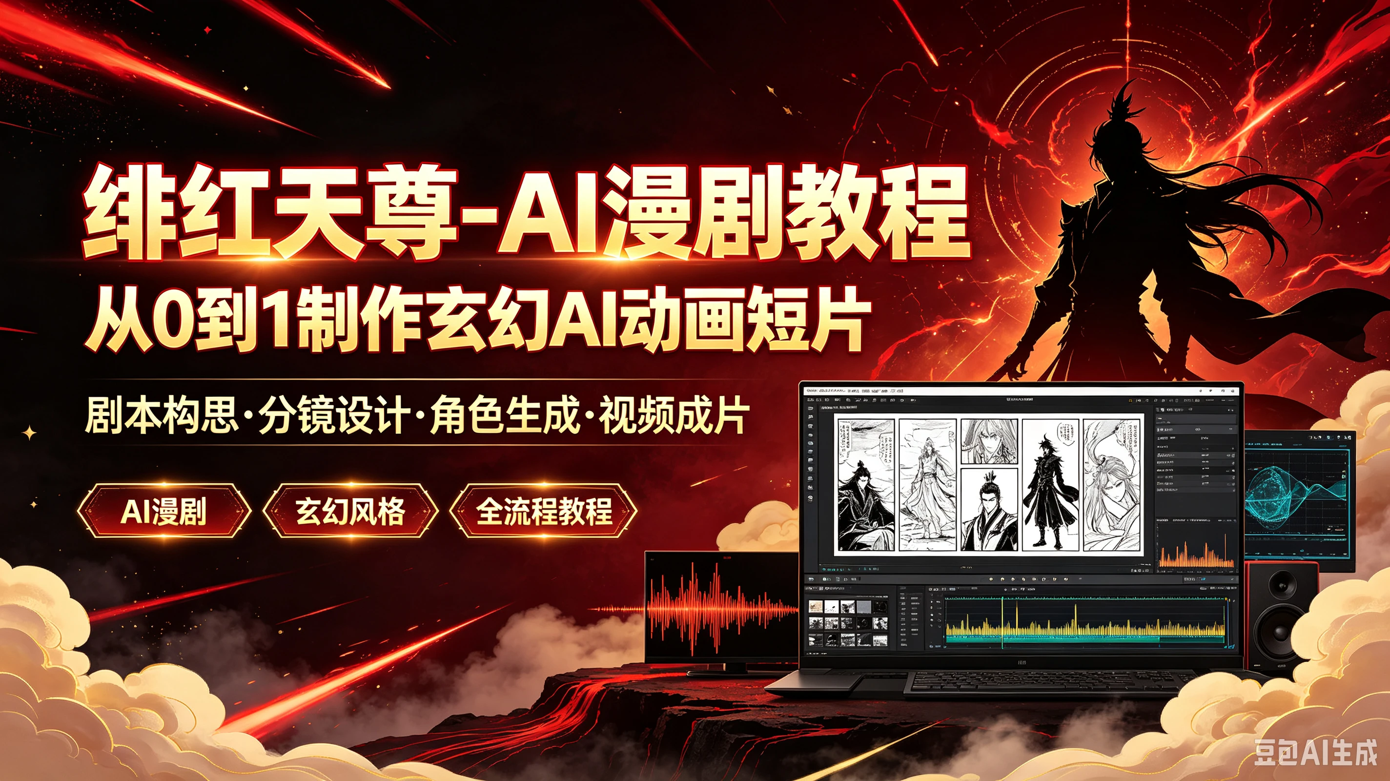 【精】绯红天尊-AI漫剧教程从O到1制作玄幻AI动画短片,剧本构思·分镜设计·角色生成·视频成片-程拾网络