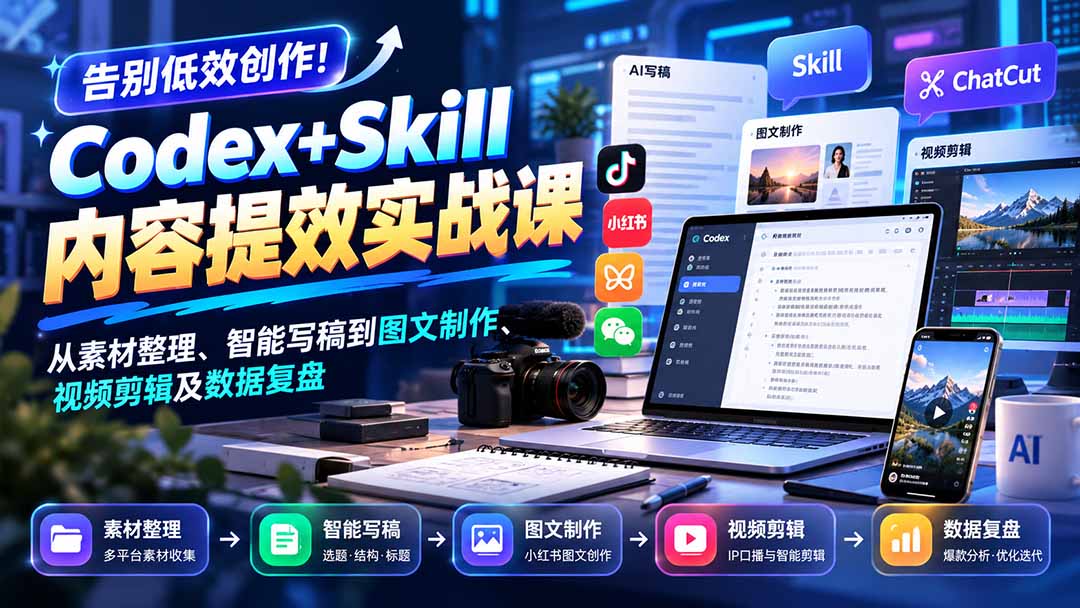 【无水印】告别低效创作!Codex+Skill内容提效实战课:从素材整理、智能写稿到图文制作、视频剪辑及数据复盘-程拾网络