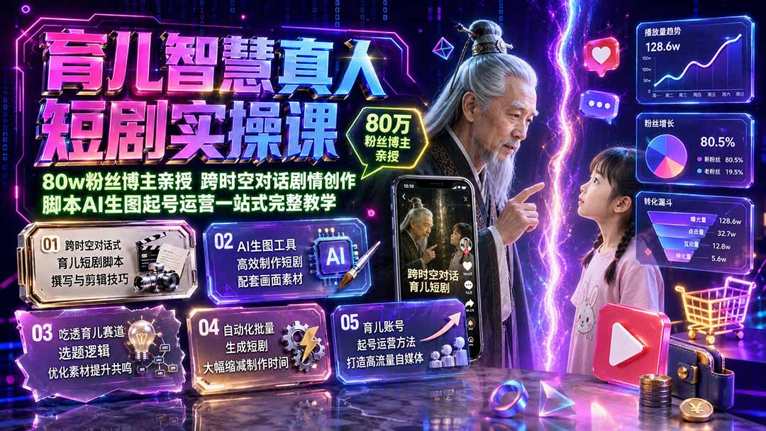 育儿智慧真人短剧实操课｜80w粉丝博主亲授，跨时空对话剧情创作，脚本AI生图起号运营一站式完整教学-程拾网络