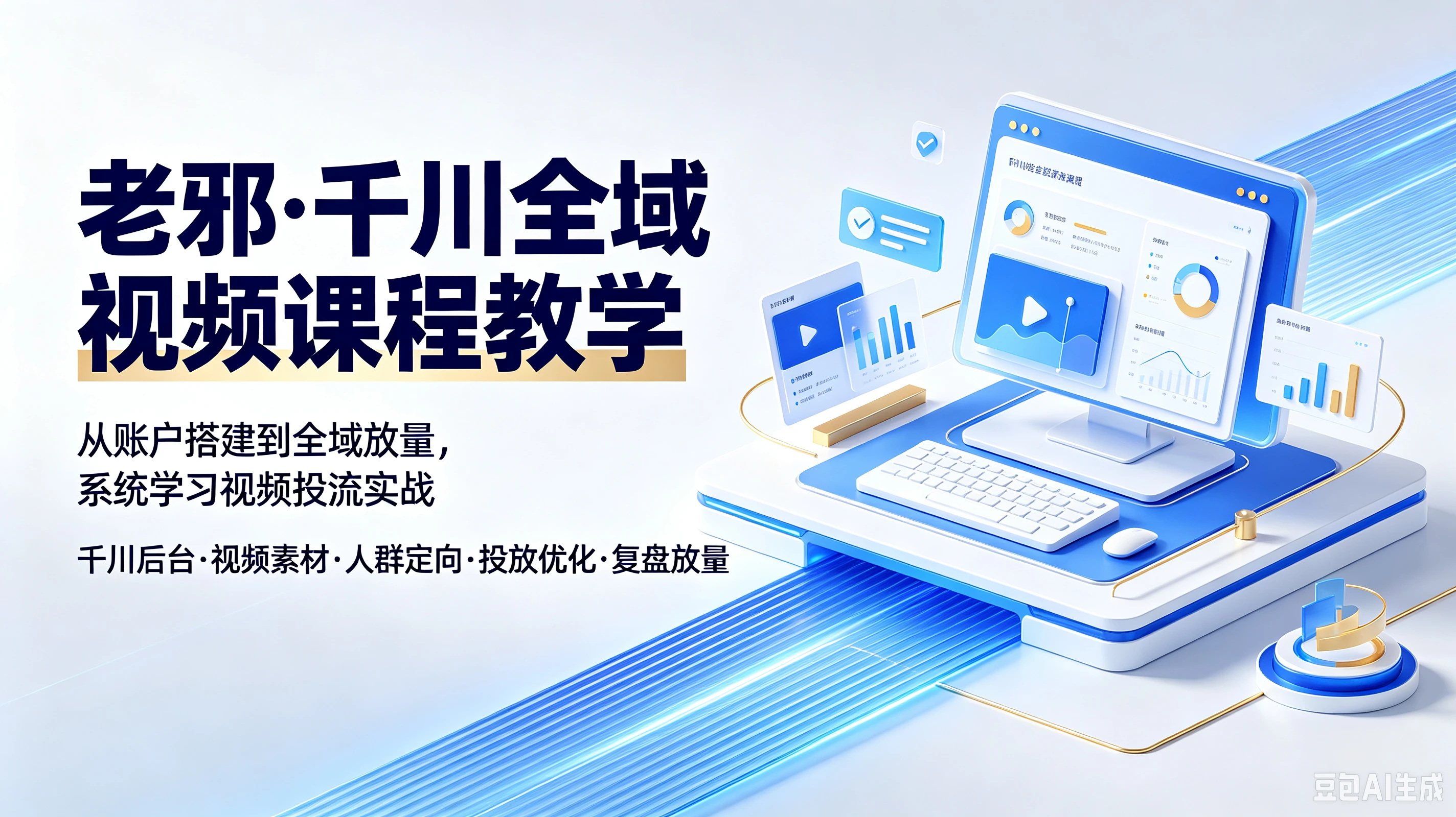 【精】老邪·千川全域视频课程教学，从账户搭建到全域放量，系统学习视频投流实战，千川后台、视频素材、人群定向、投放优化、复盘放量-程拾网络