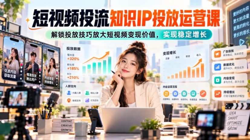 【精】房金·短视频投流知识IP投放运营课:掌握微信豆、短视频挂商品、控成本加热和数据分析等技能-程拾网络
