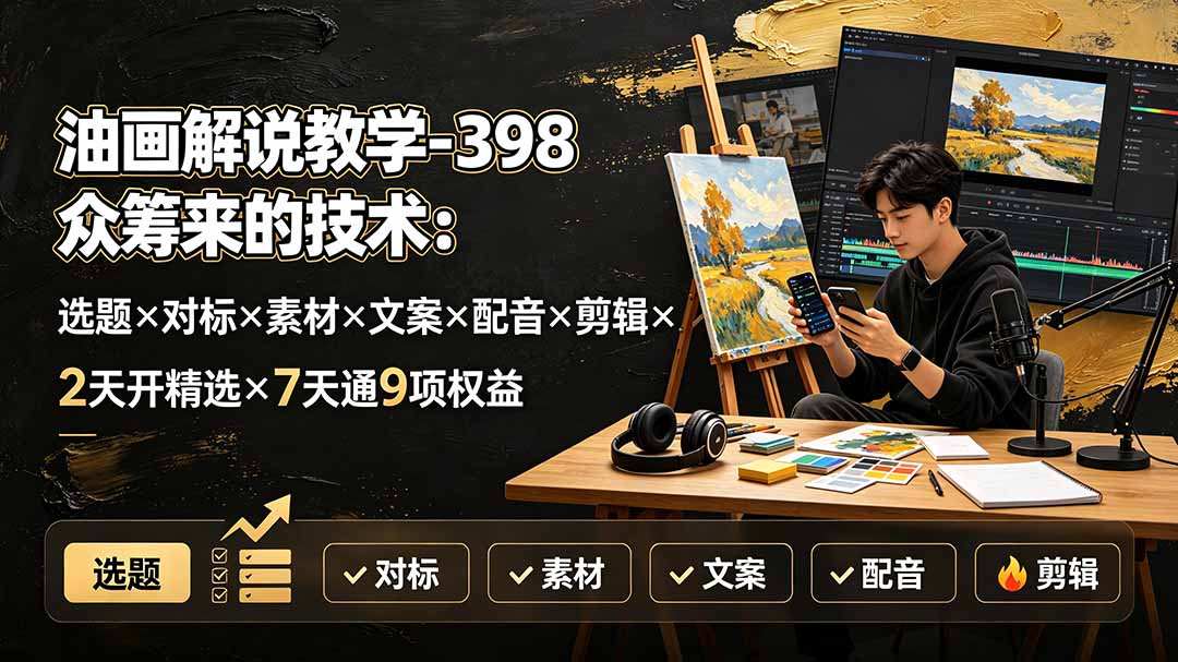 【精】油画解说教学-398众筹来的技术：选题×对标×素材×文案×配音×剪辑×2天开精选×7天通9项权益-程拾网络