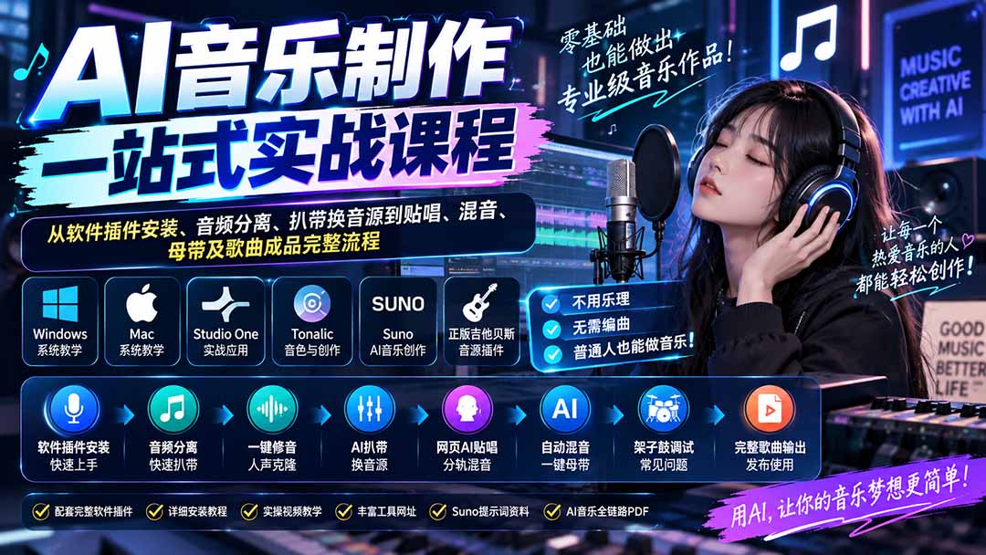 AI音乐制作一站式实战课程：从软件插件安装、音频分离、扒带换音源到贴唱、混音、母带及歌曲成品完整流程-程拾网络