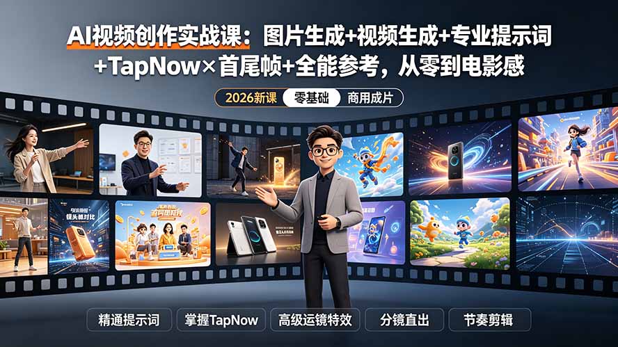 【精】AI视频创作实战课：图片生成+视频生成+专业提示词+TapNow×首尾帧+全能参考，从零到电影感成片-程拾网络
