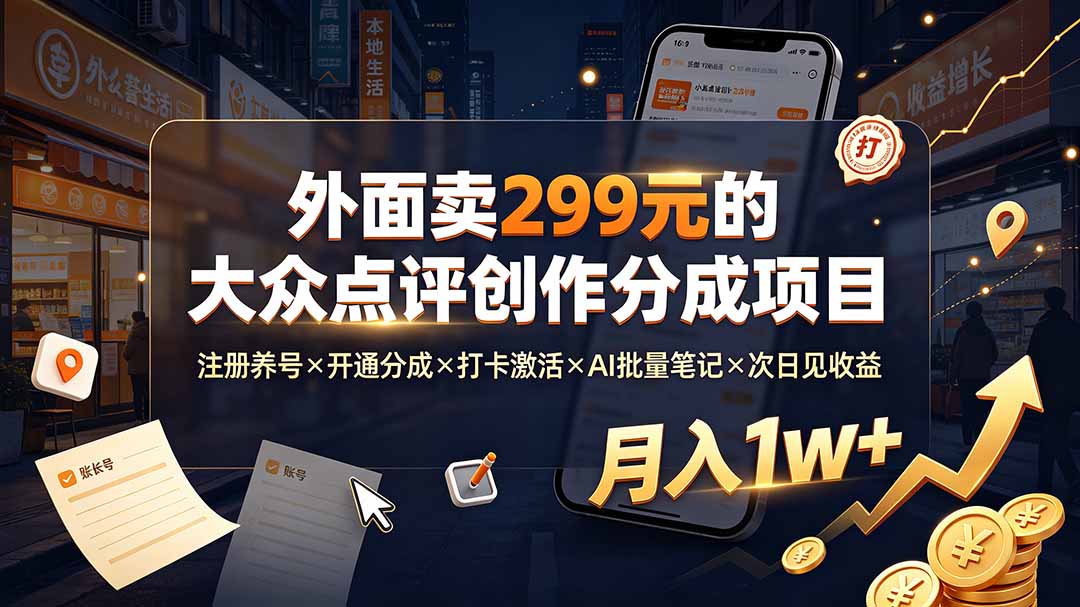 外面卖299元的大众点评创作分成项目：注册养号×开通分成×打卡激活×AI批量笔记×次日见收益，月入1w+-程拾网络