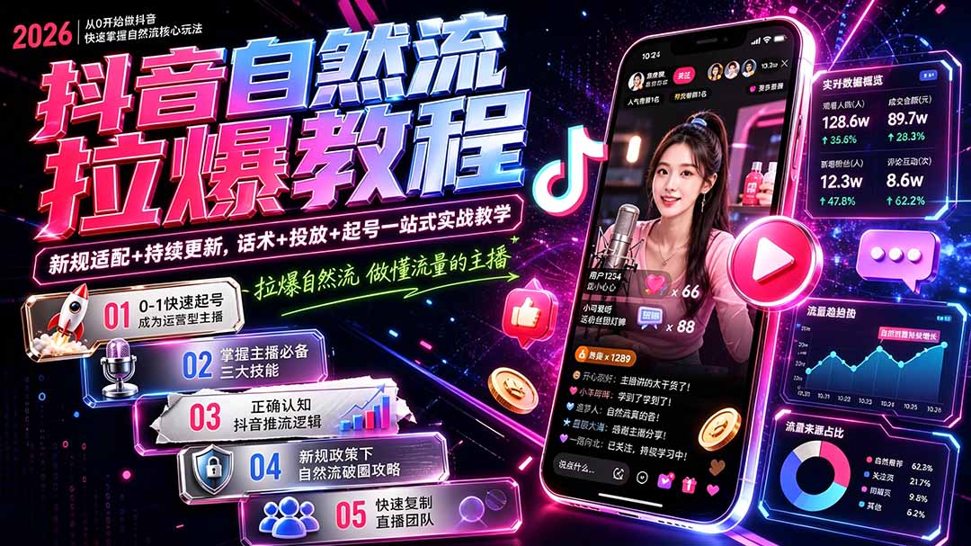 抖音自然流拉爆教程-更新7月：做懂流量的主播，新规适配+持续更新，话术+投放+起号一站式实战教学-程拾网络