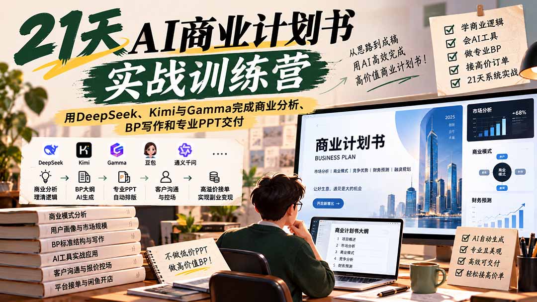 【无水印】21天AI商业计划书实战训练营：用DeepSeek、Kimi与Gamma完成商业分析、BP写作和专业PPT交付-程拾网络