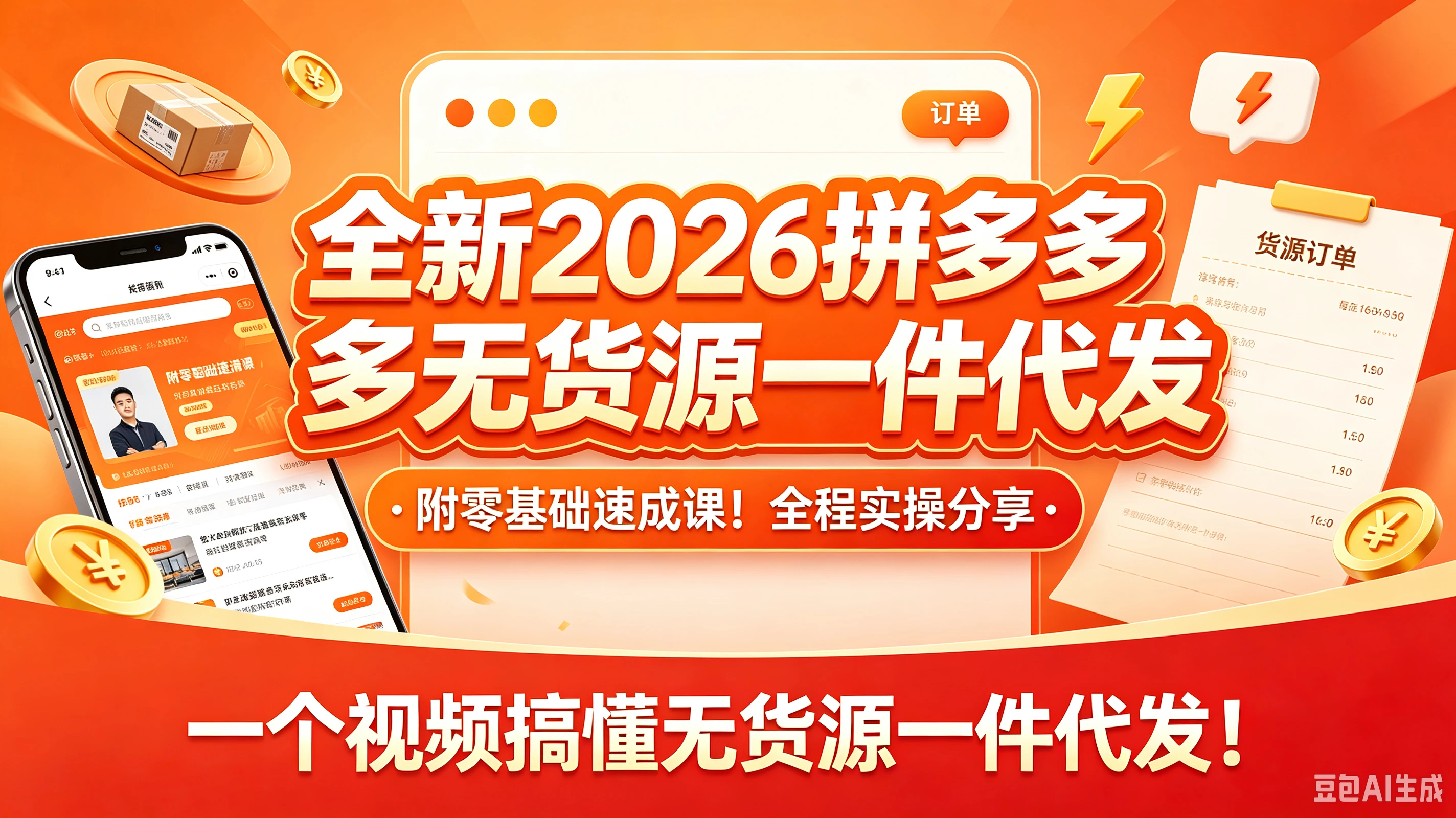 【精】全新2026拼多多无货源一件代发，附零基础速成课！全程实操分享，一个视频搞懂无货源一件代发！-程拾网络