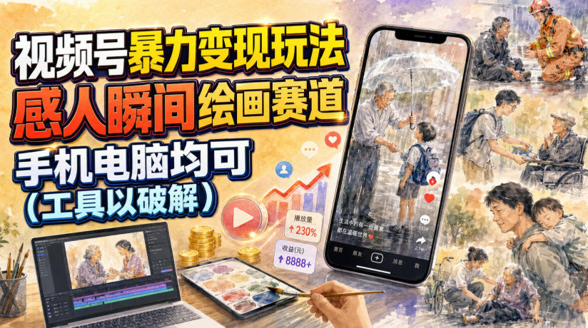 视频号暴力变现玩法，感人瞬间绘画赛道，手机电脑均可-程拾网络