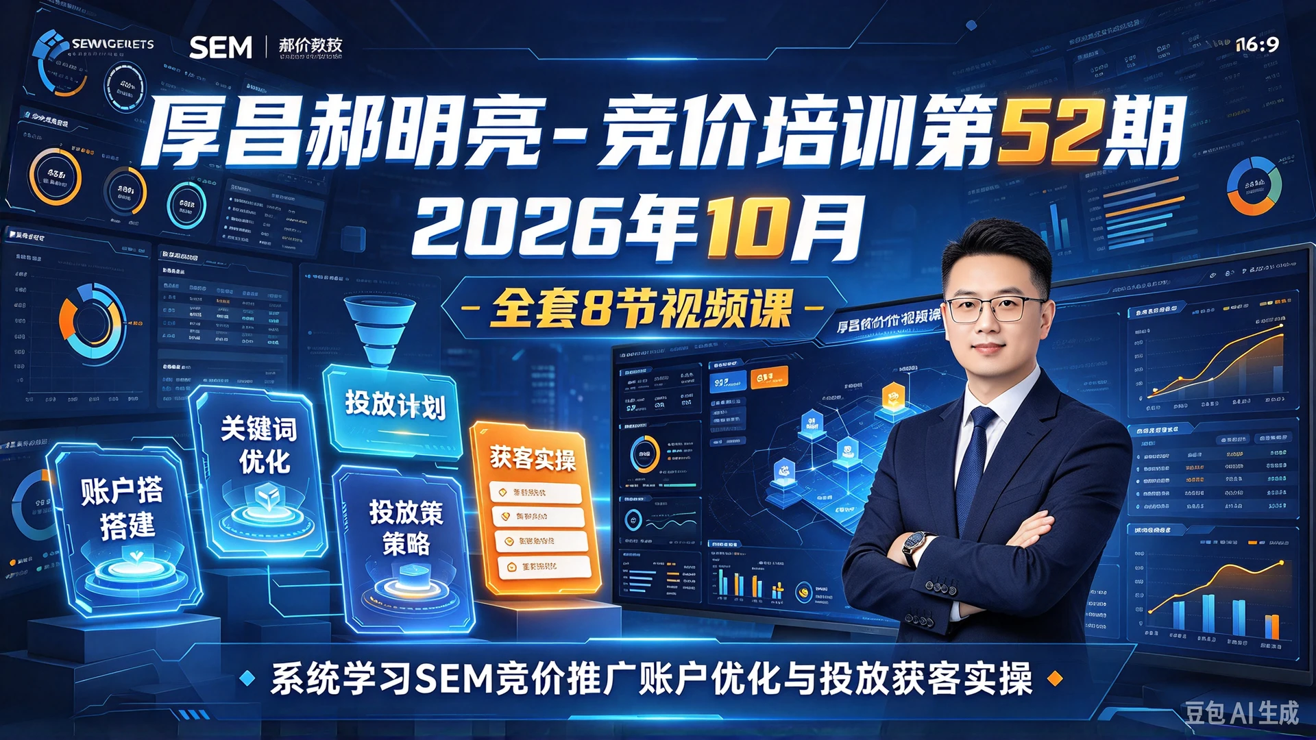 【精】厚昌郝明亮 – 竞价培训第52期2026年10月,全套8节视频课时,系统学习SEM竞价推广账户优化与投放获客实操-程拾网络