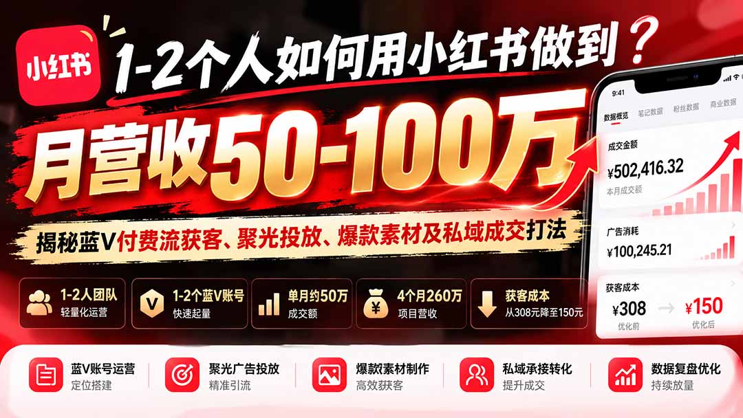 1-2个人如何用小红书做到月营收50-100万？揭秘蓝V付费流获客、聚光投放、爆款素材及私域成交打法-程拾网络