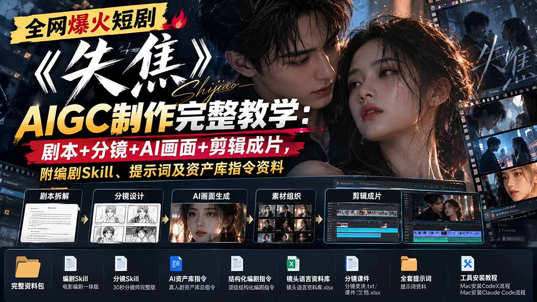 全网爆火短剧《失焦》AIGC制作完整教学:剧本+分镜+AI画面+剪辑成片,附编剧Skill、提示词及资产库指令资料-程拾网络