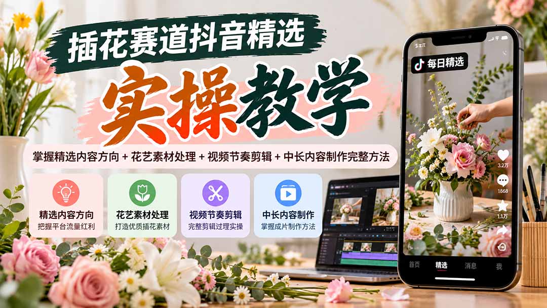 插花赛道抖音精选实操教学：掌握精选内容方向+花艺素材处理+视频节奏剪辑+中长内容制作完整方法-程拾网络