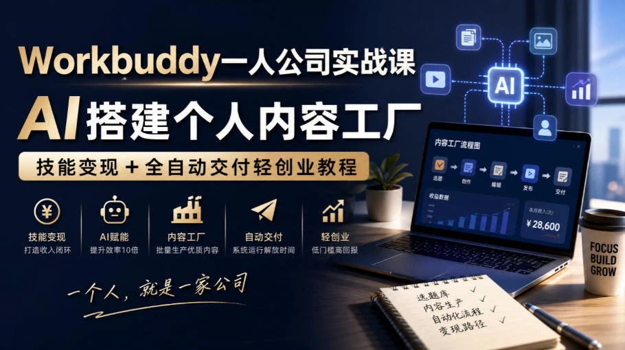 【精】Workbuddy一人公司实战课，AI搭建个人内容工厂，技能变现+全自动交付轻创业教程-程拾网络